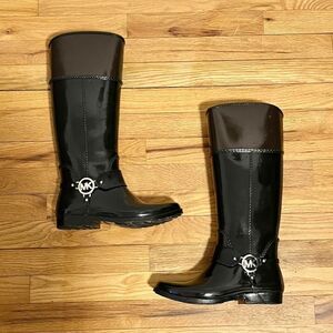 Michael Kors Fulton Riding Equestrian Black Brown Rain Boots Knee High Size 8